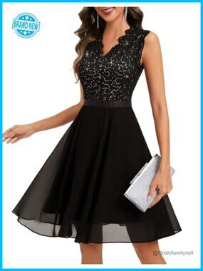 Sparkly Floral Lace Sequin Cocktail Dress Knee Length